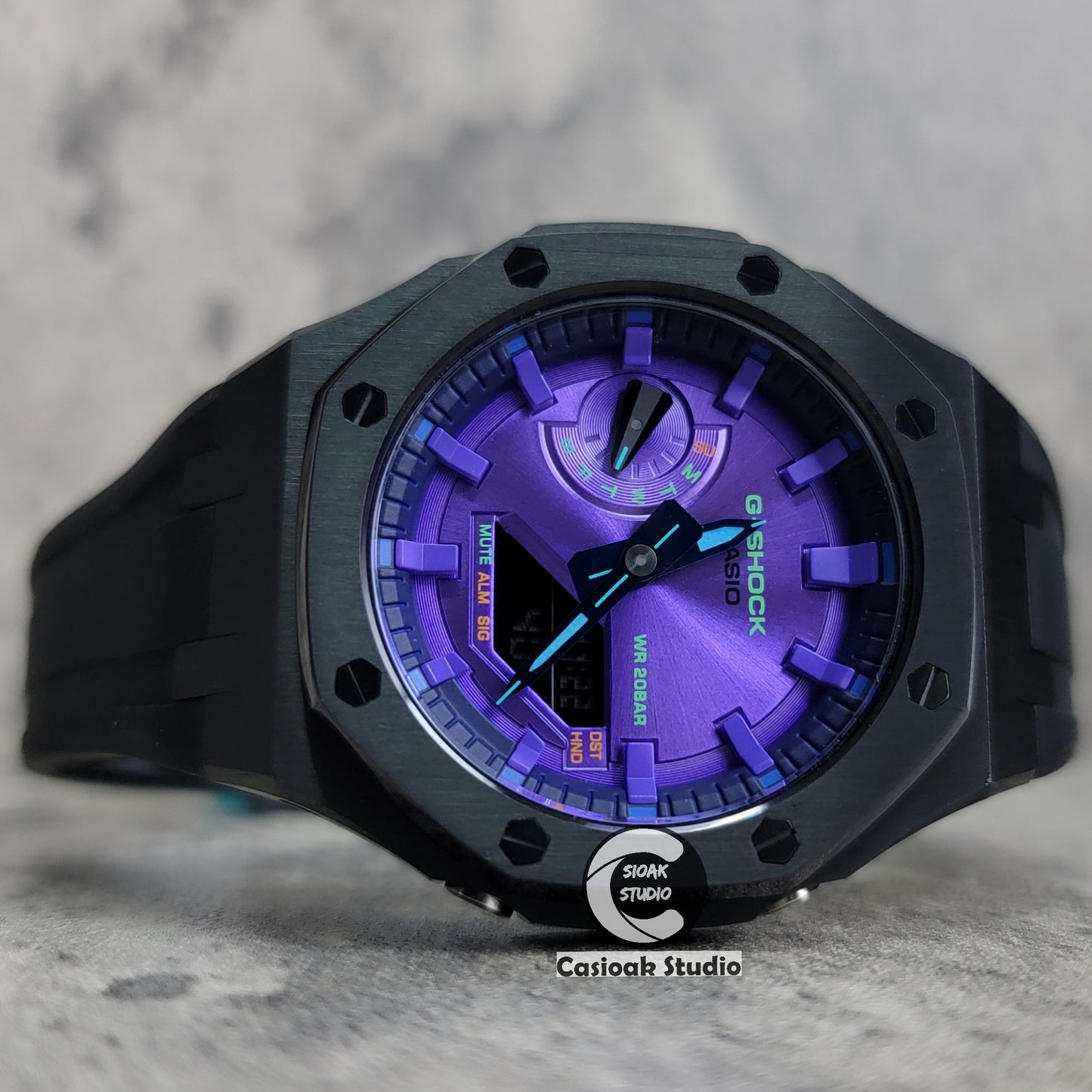 Casioak Mod Black Case Black Rub Purple Time Mark Purple Dial 44mm- Casioak Mod Casio G-Shock Royal Oak Custom Mens Luxury Watches Ga2100