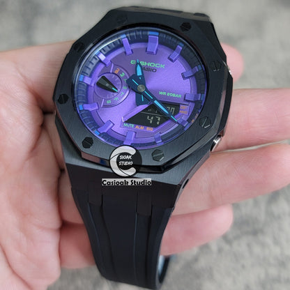 Casioak Mod Black Case Black Rub Purple Time Mark Purple Dial 44mm- Casioak Mod Casio G-Shock Royal Oak Custom Mens Luxury Watches Ga2100