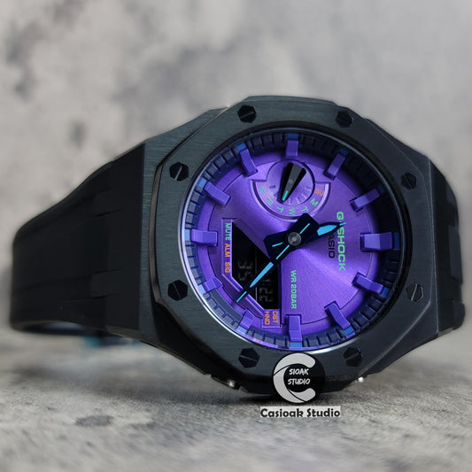 Casioak Mod Black Case Black Rub Purple Time Mark Purple Dial 44mm- Casioak Mod Casio G-Shock Royal Oak Custom Mens Luxury Watches Ga2100