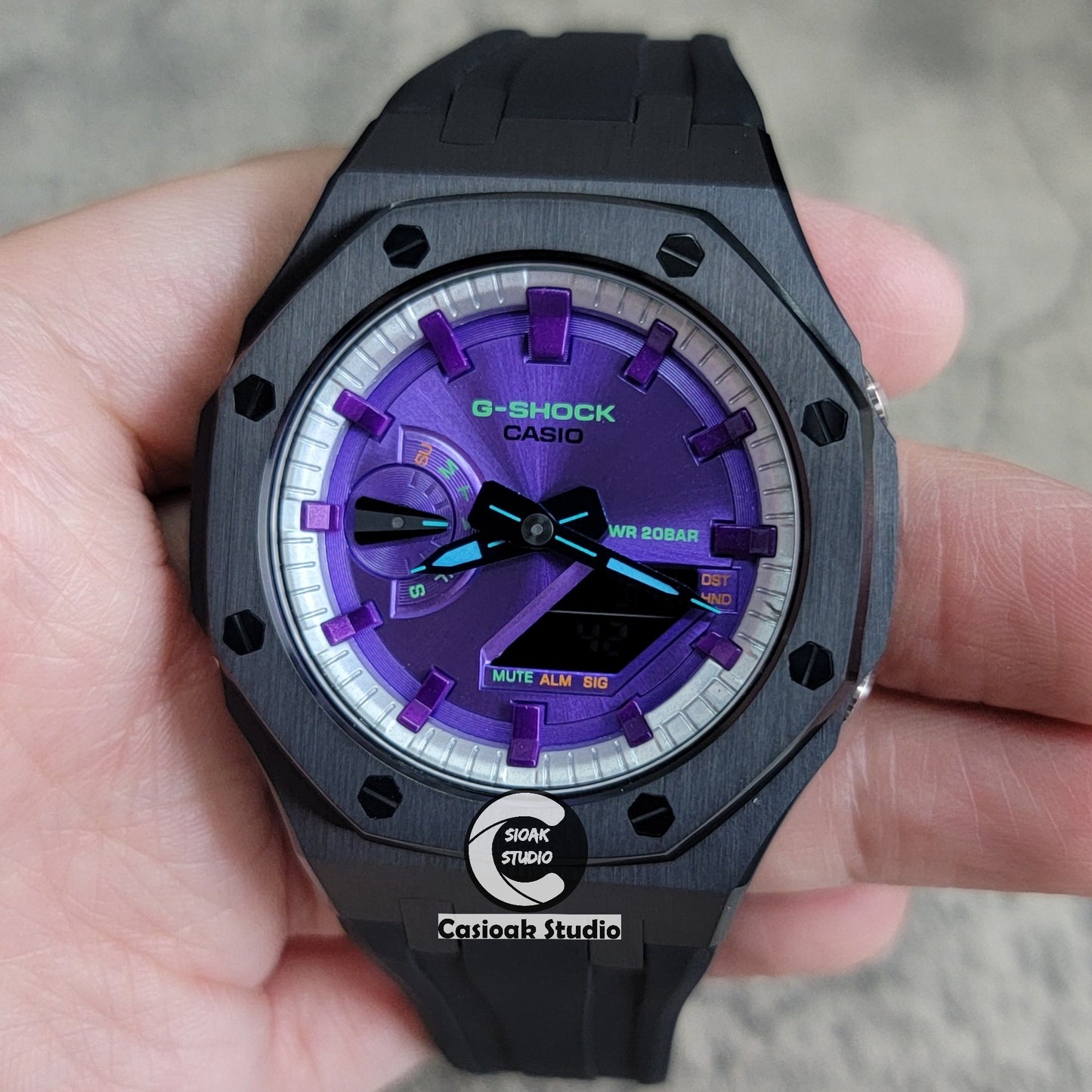 Casioak Mod Black Case Black Rub Silver Purple Time Mark Purple Dial 44mm- Casioak Mod Casio G-Shock Royal Oak Custom Mens Luxury Watches Ga2100