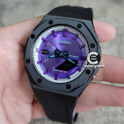 Casioak Mod Black Case Black Rub Silver Purple Time Mark Purple Dial 44mm- Casioak Mod Casio G-Shock Royal Oak Custom Mens Luxury Watches Ga2100