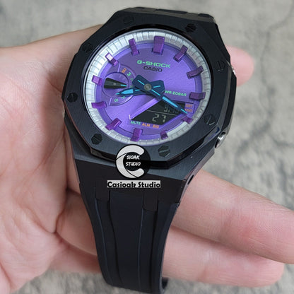 Casioak Mod Black Case Black Rub Silver Purple Time Mark Purple Dial 44mm- Casioak Mod Casio G-Shock Royal Oak Custom Mens Luxury Watches Ga2100