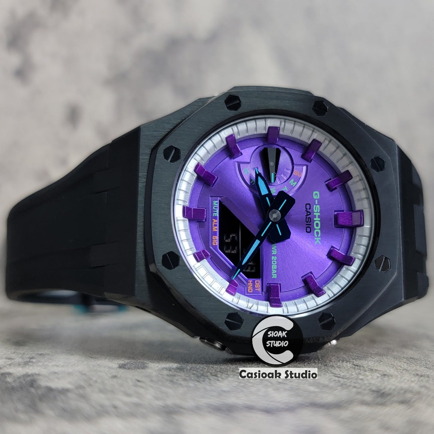 Casioak Mod Black Case Black Rub Silver Purple Time Mark Purple Dial 44mm- Casioak Mod Casio G-Shock Royal Oak Custom Mens Luxury Watches Ga2100