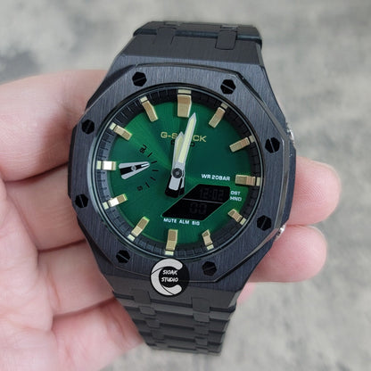 Casioak Mod Black Case Metal Strap Black Gold Time Mark Green Dial 44mm- Casioak Mod Casio G-Shock Royal Oak Custom Mens Luxury Watches Ga2100