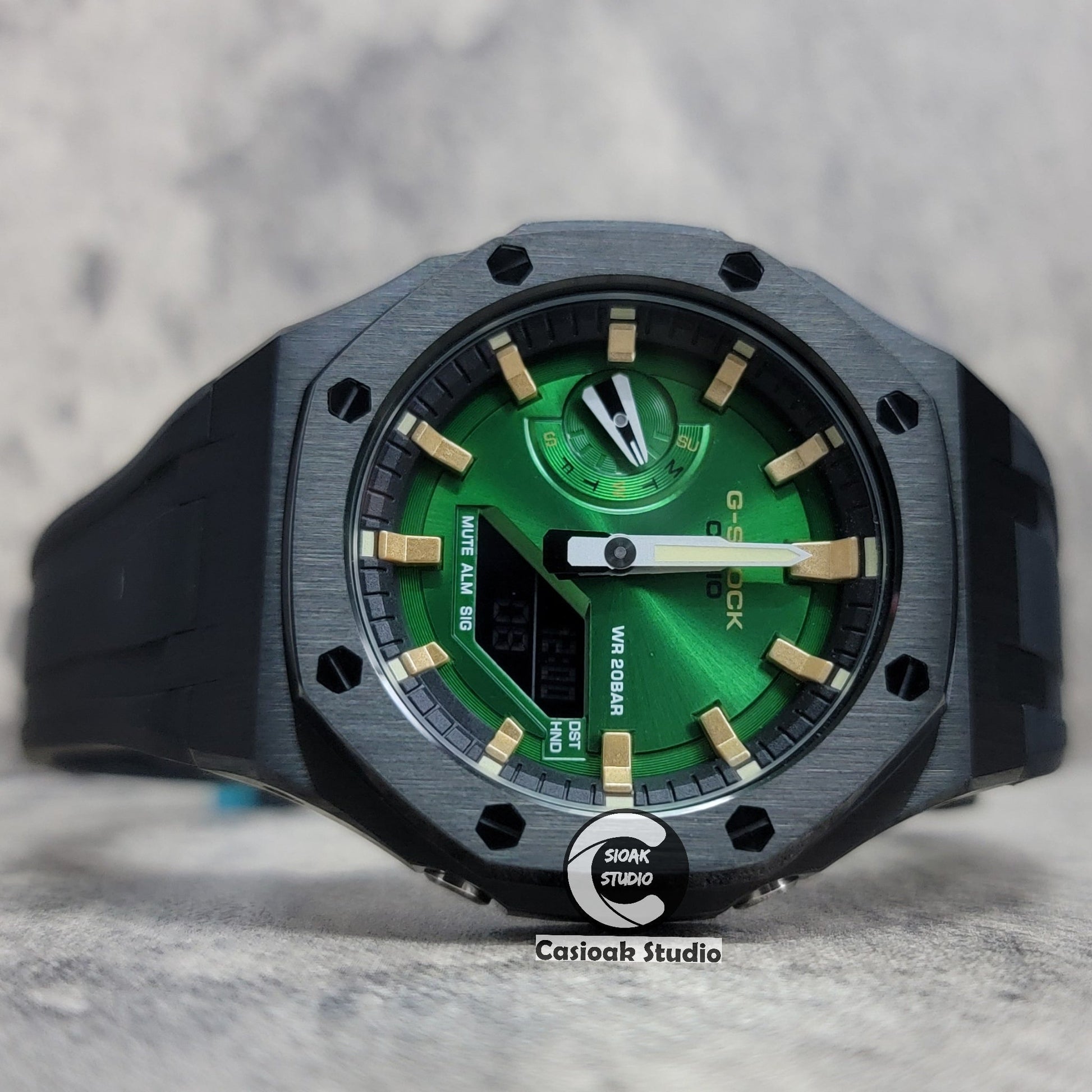 Casioak Mod Black Case Metal Strap Black Gold Time Mark Green Dial 44mm- Casioak Mod Casio G-Shock Royal Oak Custom Mens Luxury Watches Ga2100