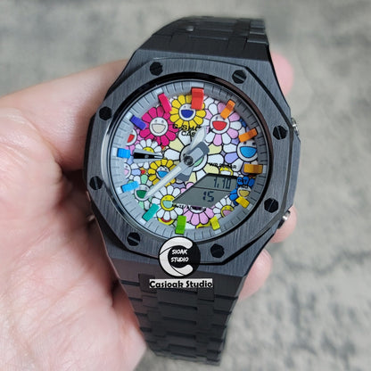 Casioak Mod Black Case Metal Strap Rainbow Time Mark Takashi Murakami Dial 44mm- Casioak Mod Casio G-Shock Royal Oak Custom Mens Luxury Watches Ga2100