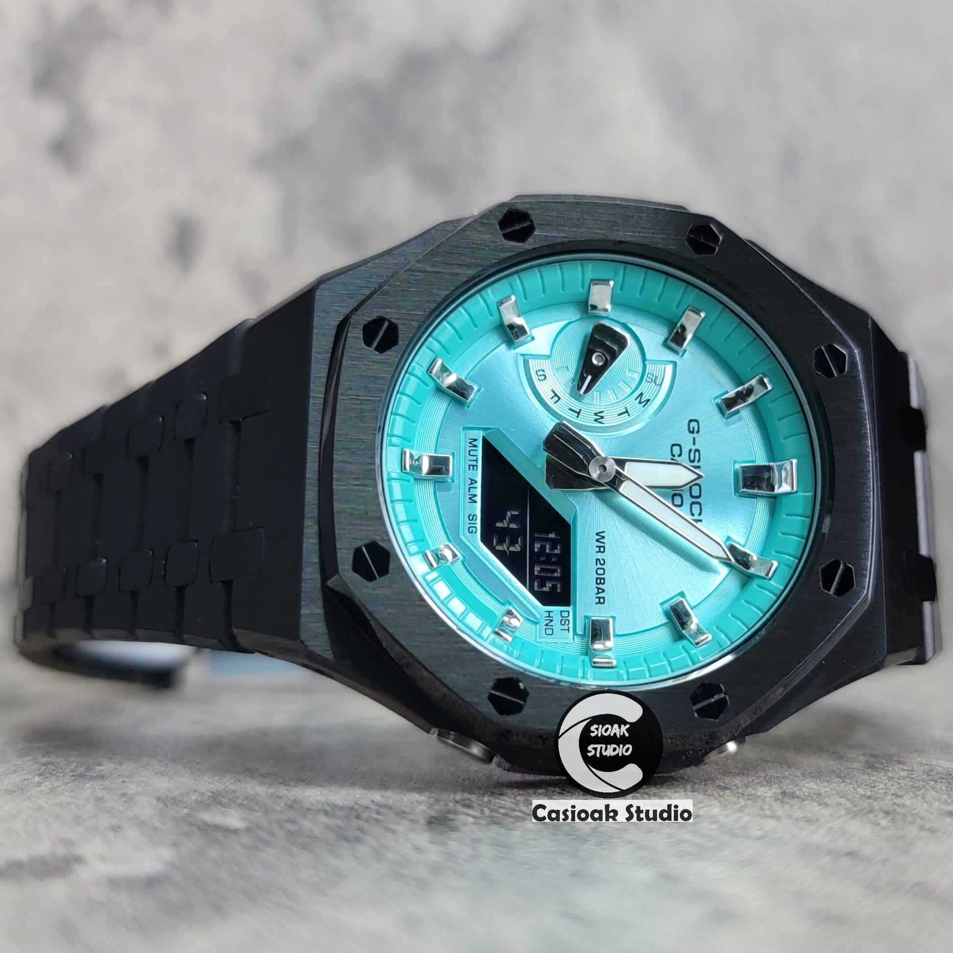 Casioak Mod Black Case Metal Strap Silver Time Mark Blue Dial 44mm- Casioak Mod Casio G-Shock Royal Oak Custom Mens Luxury Watches Ga2100