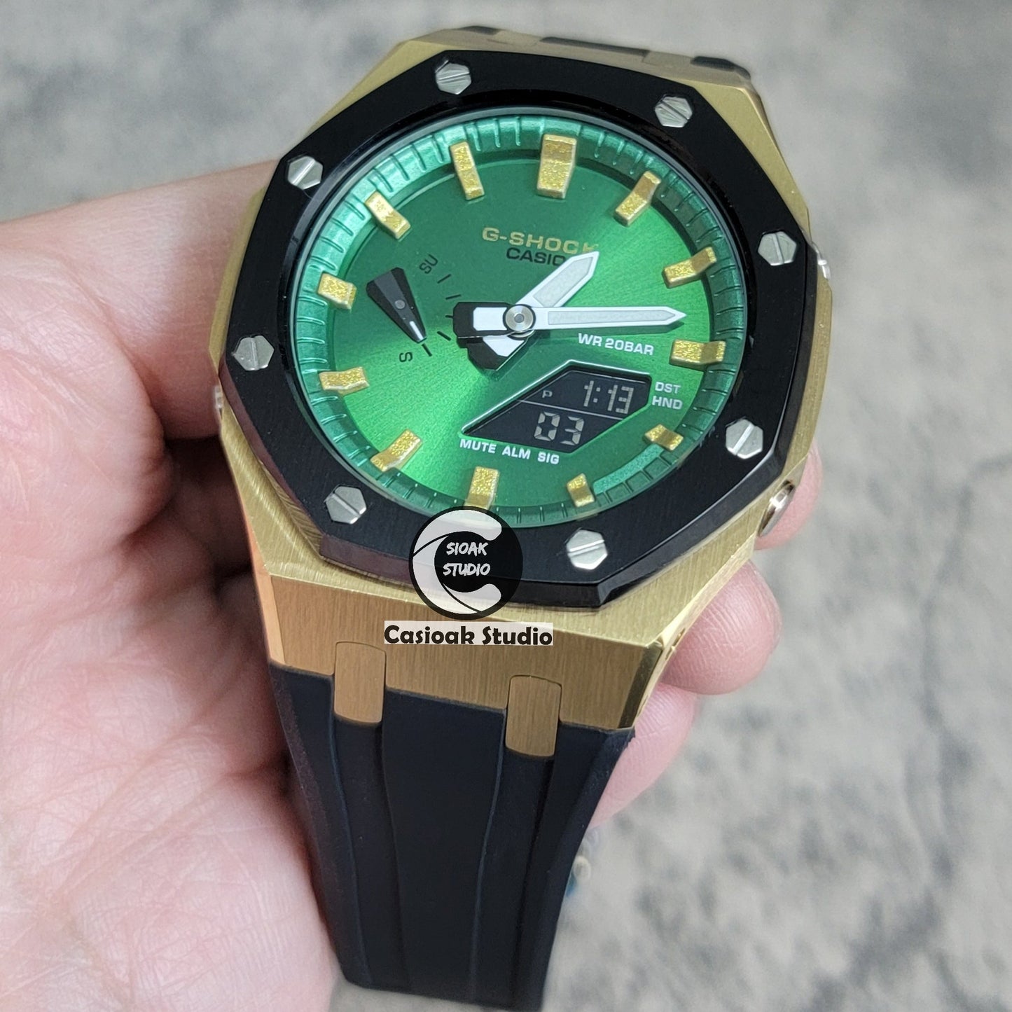 Casioak Mod Black Gold Case Metal Strap Black Gold Time Mark Green Dial 44mm- Casioak Mod Casio G-Shock Royal Oak Custom Mens Luxury Watches Ga2100