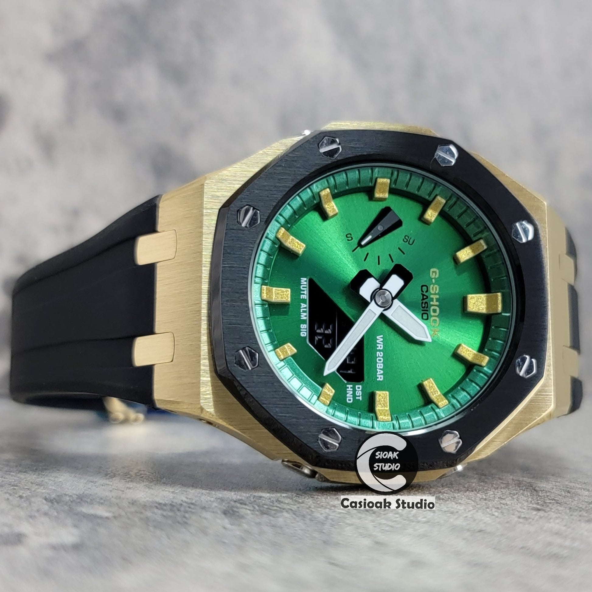 Casioak Mod Black Gold Case Metal Strap Black Gold Time Mark Green Dial 44mm- Casioak Mod Casio G-Shock Royal Oak Custom Mens Luxury Watches Ga2100