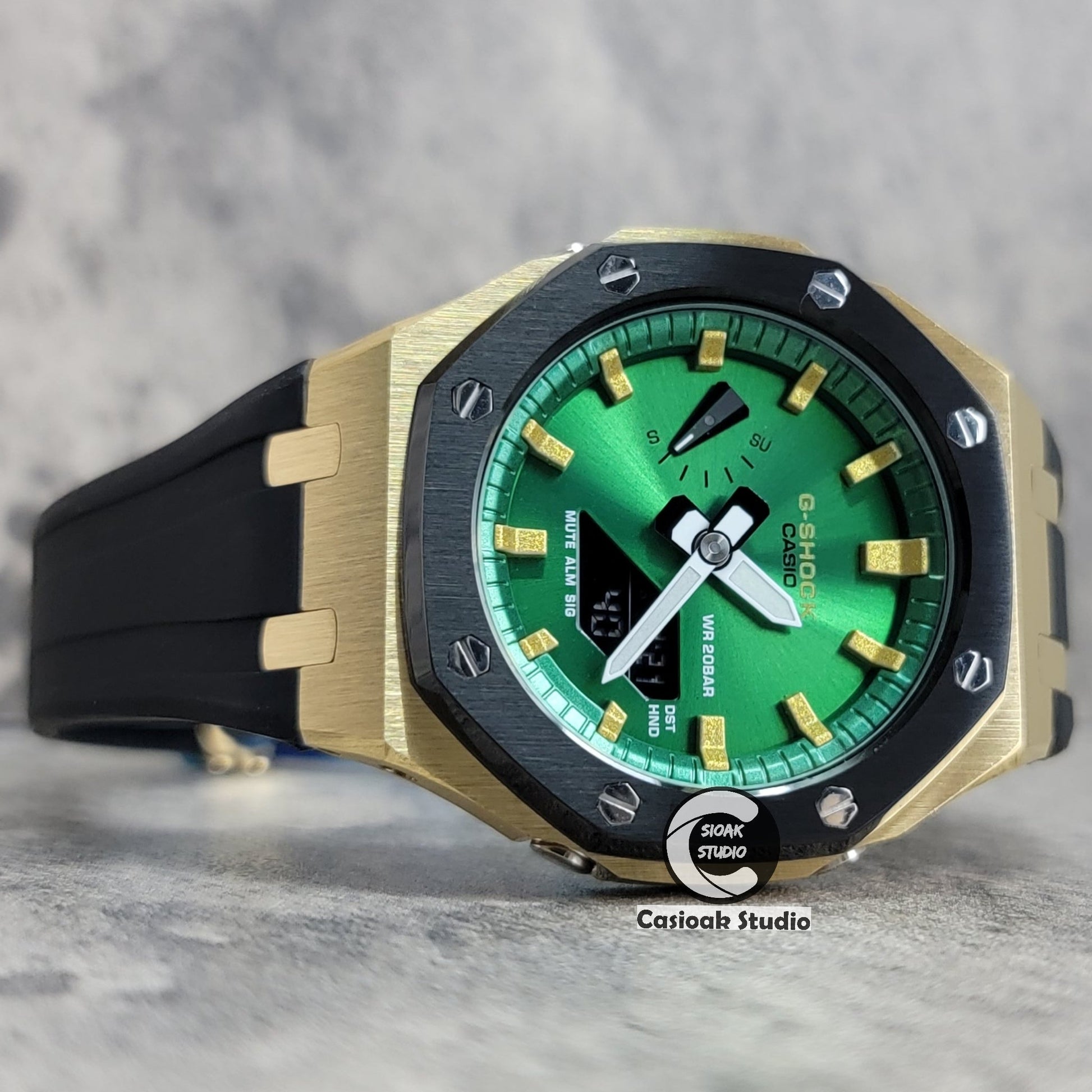 Casioak Mod Black Gold Case Metal Strap Black Gold Time Mark Green Dial 44mm- Casioak Mod Casio G-Shock Royal Oak Custom Mens Luxury Watches Ga2100