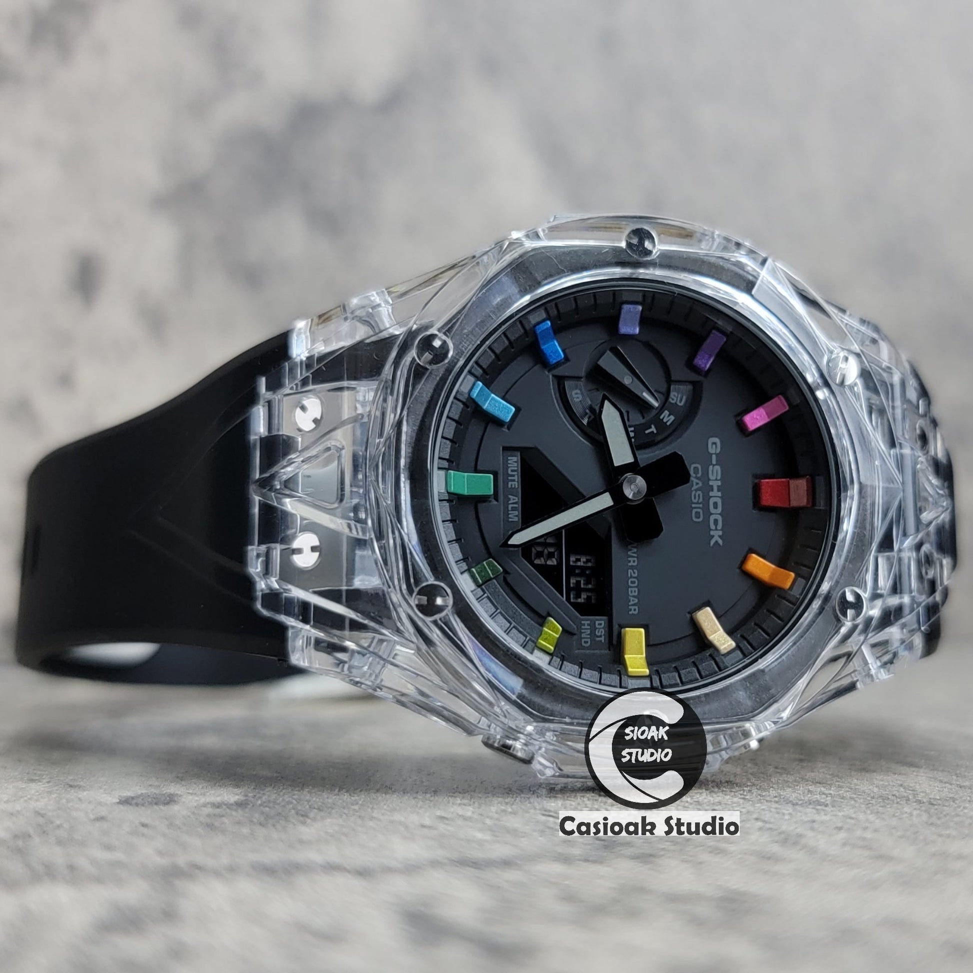 Casioak Mod Black Transparent Case Black Strap Black Rainbow Time Mark Black Dial 44mm- Casioak Mod Casio G-Shock Royal Oak Custom Mens Luxury Watches Ga2100