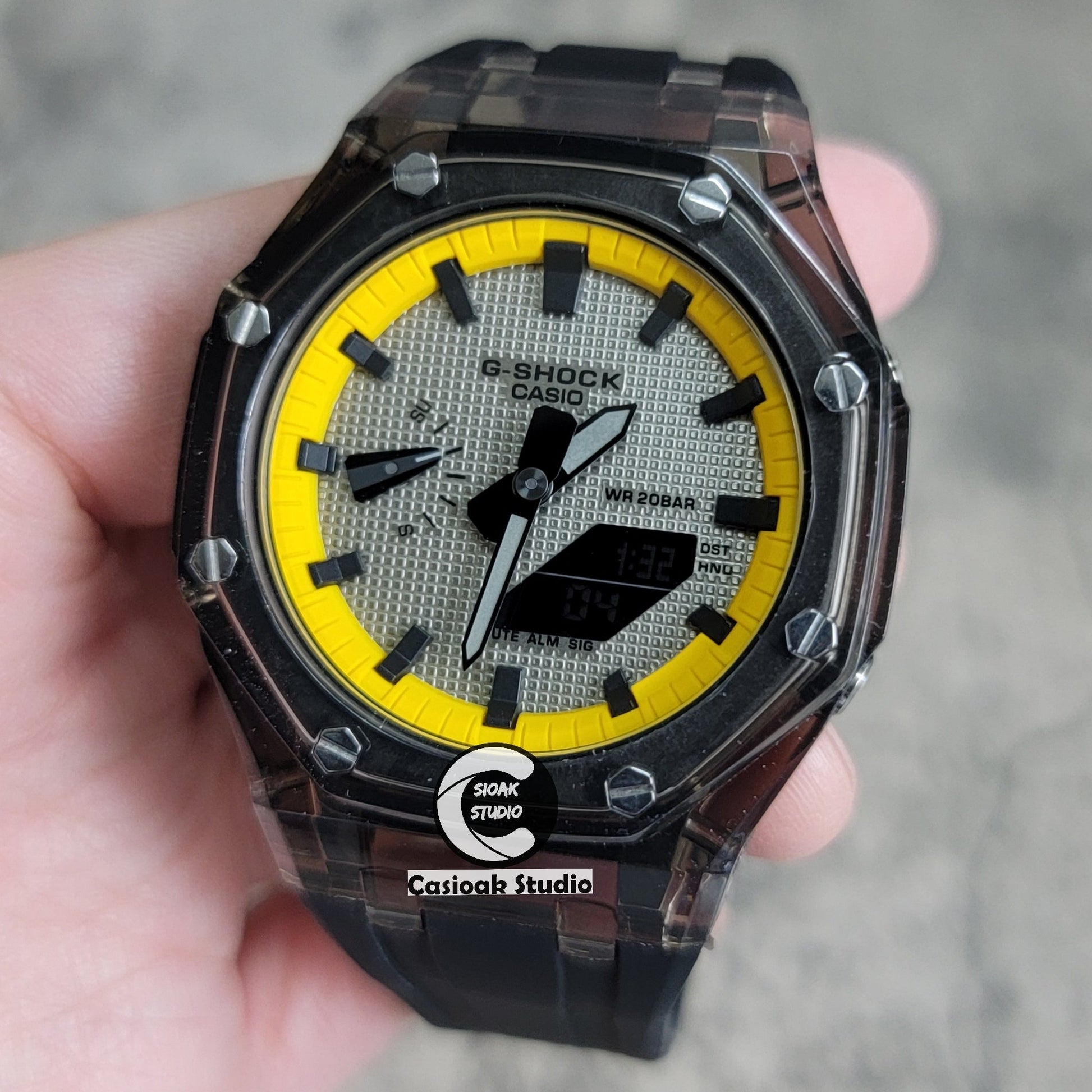 Casioak Mod Black Transparent Case Black Strap Yellow Black Time Mark Gray Waffle Dial 44mm- Casioak Mod Casio G-Shock Royal Oak Custom Mens Luxury Watches Ga2100