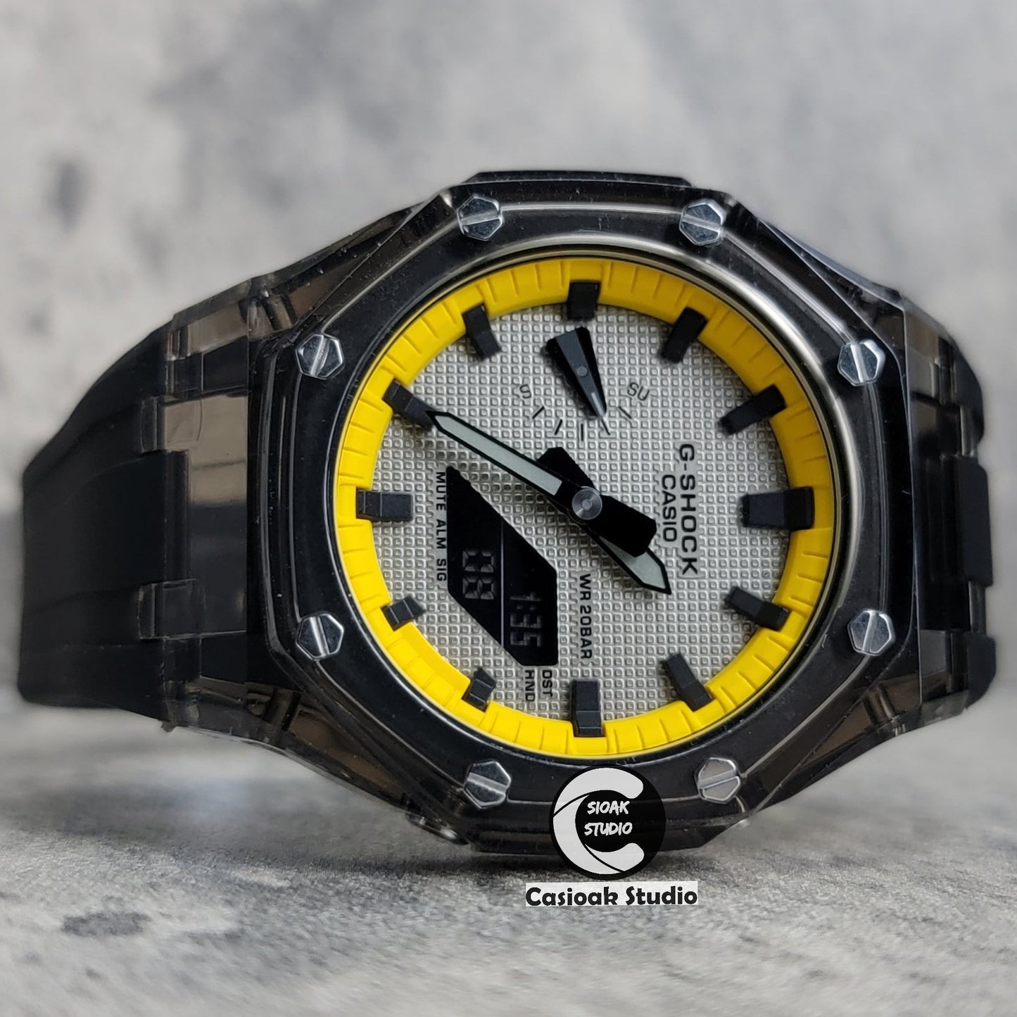 Casioak Mod Black Transparent Case Black Strap Yellow Black Time Mark Gray Waffle Dial 44mm- Casioak Mod Casio G-Shock Royal Oak Custom Mens Luxury Watches Ga2100