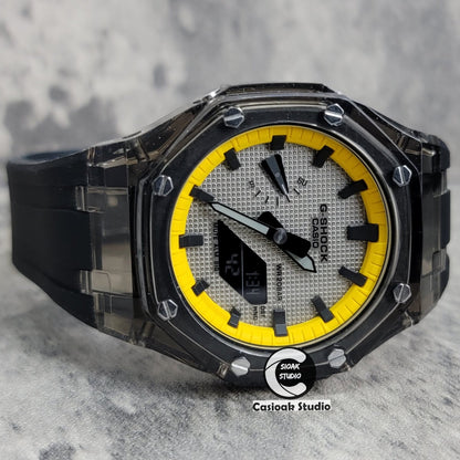 Casioak Mod Black Transparent Case Black Strap Yellow Black Time Mark Gray Waffle Dial 44mm- Casioak Mod Casio G-Shock Royal Oak Custom Mens Luxury Watches Ga2100