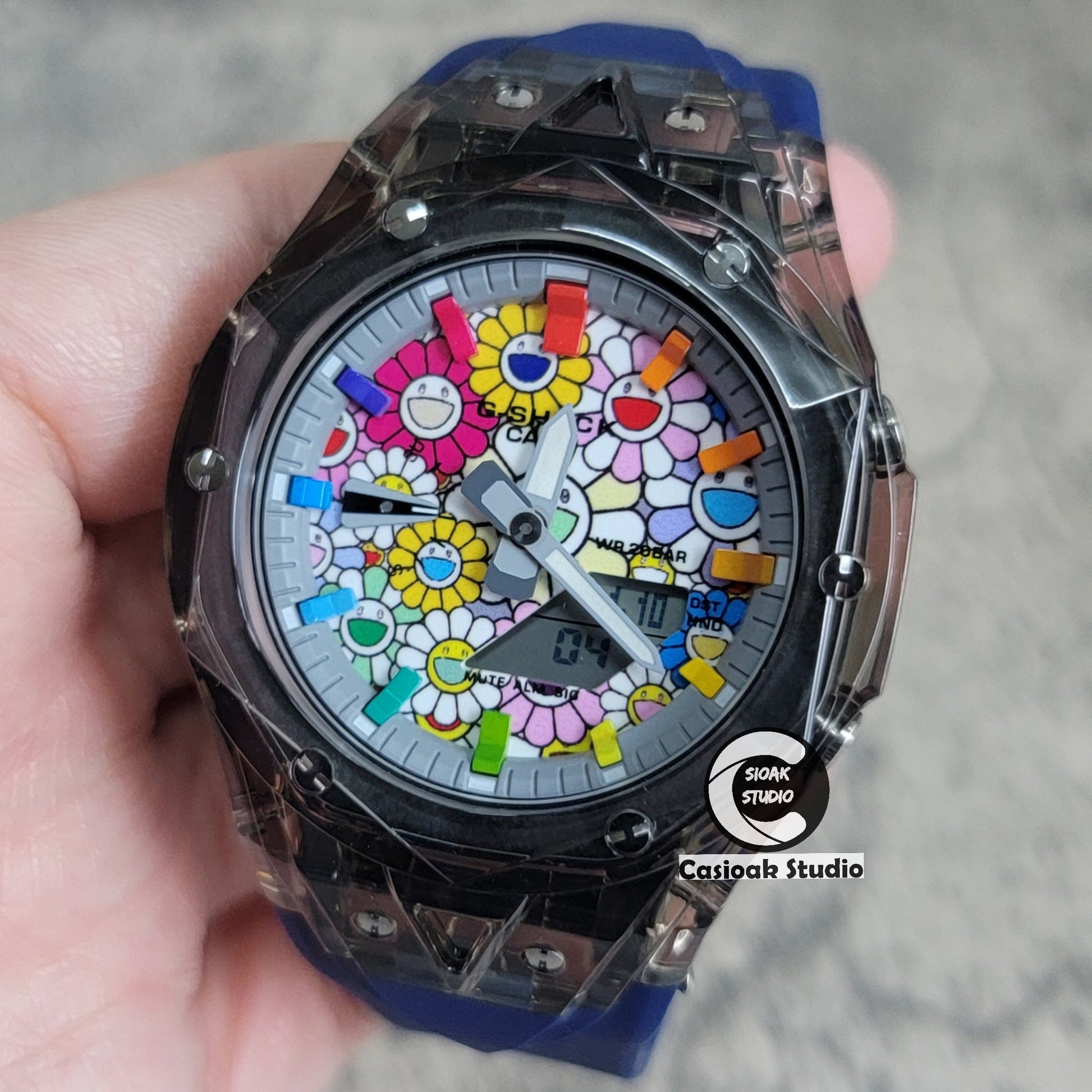 Casioak Mod Black Transparent Case Blue Strap Gray Rainbow Time Mark Takashi Murakami Dial 44mm- Casioak Mod Casio G-Shock Royal Oak Custom Mens Luxury Watches Ga2100