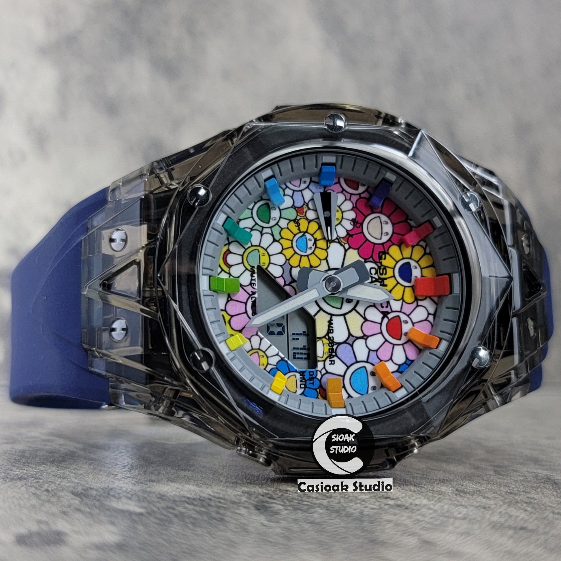 Casioak Mod Black Transparent Case Blue Strap Gray Rainbow Time Mark Takashi Murakami Dial 44mm- Casioak Mod Casio G-Shock Royal Oak Custom Mens Luxury Watches Ga2100