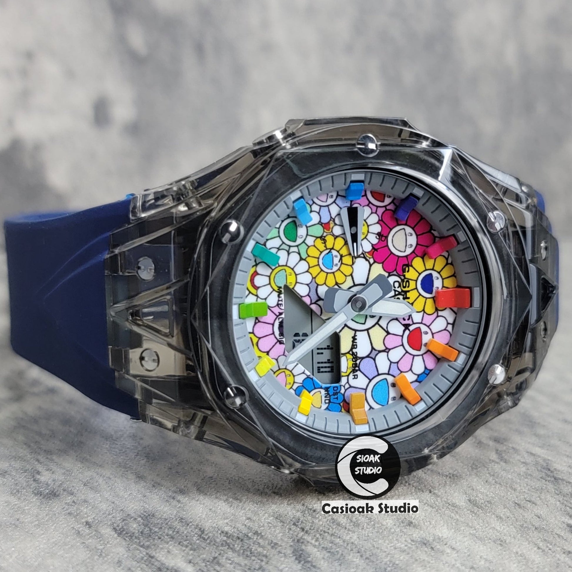 Casioak Mod Black Transparent Case Blue Strap Gray Rainbow Time Mark Takashi Murakami Dial 44mm- Casioak Mod Casio G-Shock Royal Oak Custom Mens Luxury Watches Ga2100