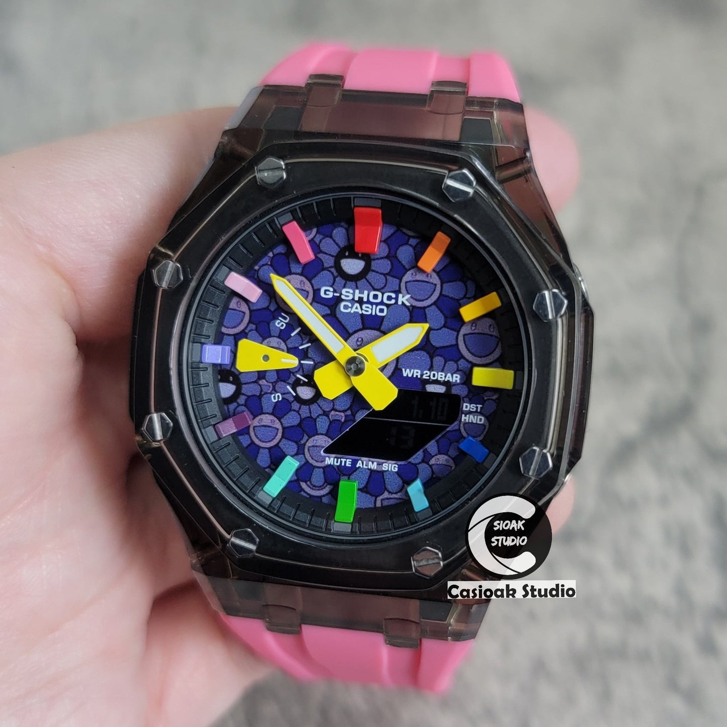 Casioak Mod Black Transparent Case Pink Strap Black Rainbow Time Mark Purple Takashi Murakami Dial 44mm- Casioak Mod Casio G-Shock Royal Oak Custom Mens Luxury Watches Ga2100