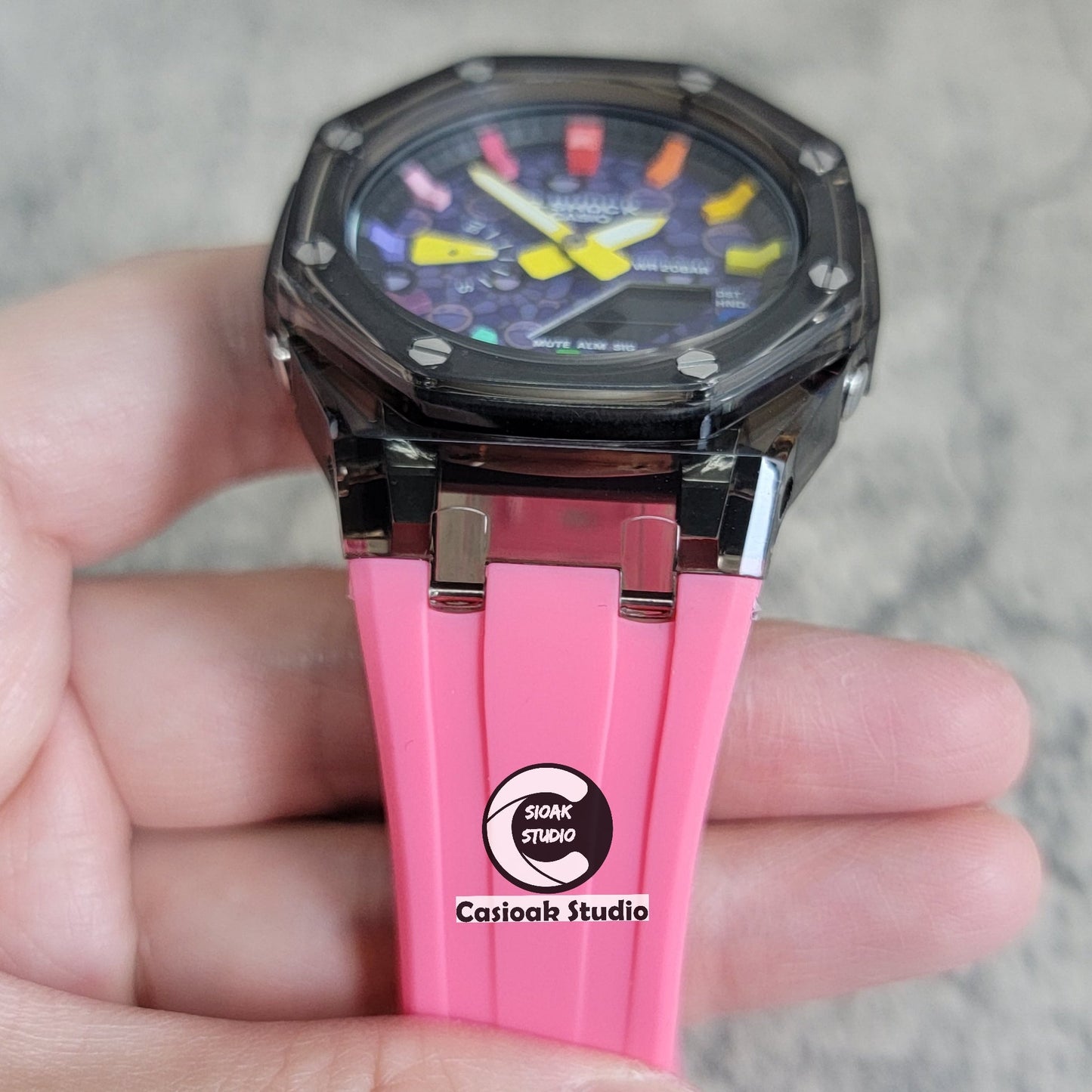 Casioak Mod Black Transparent Case Pink Strap Black Rainbow Time Mark Purple Takashi Murakami Dial 44mm- Casioak Mod Casio G-Shock Royal Oak Custom Mens Luxury Watches Ga2100