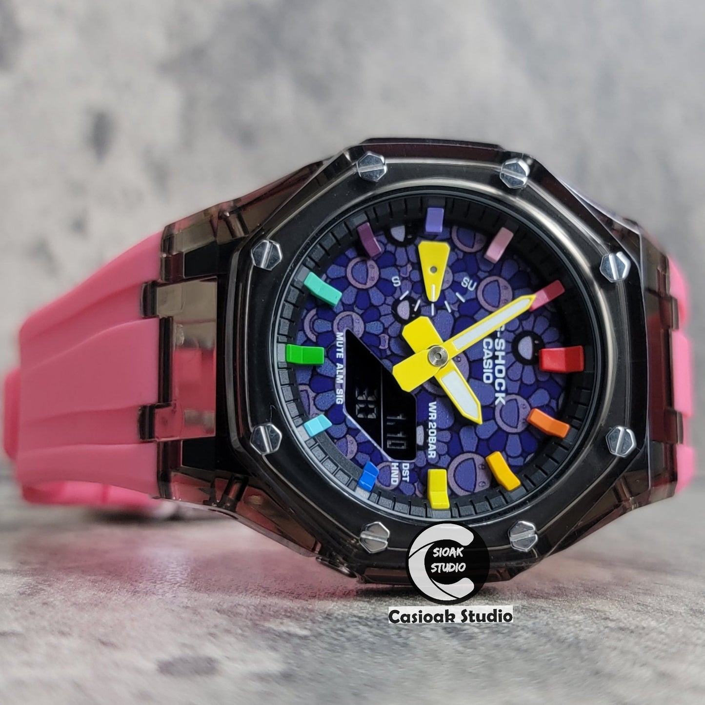 Casioak Mod Black Transparent Case Pink Strap Black Rainbow Time Mark Purple Takashi Murakami Dial 44mm- Casioak Mod Casio G-Shock Royal Oak Custom Mens Luxury Watches Ga2100