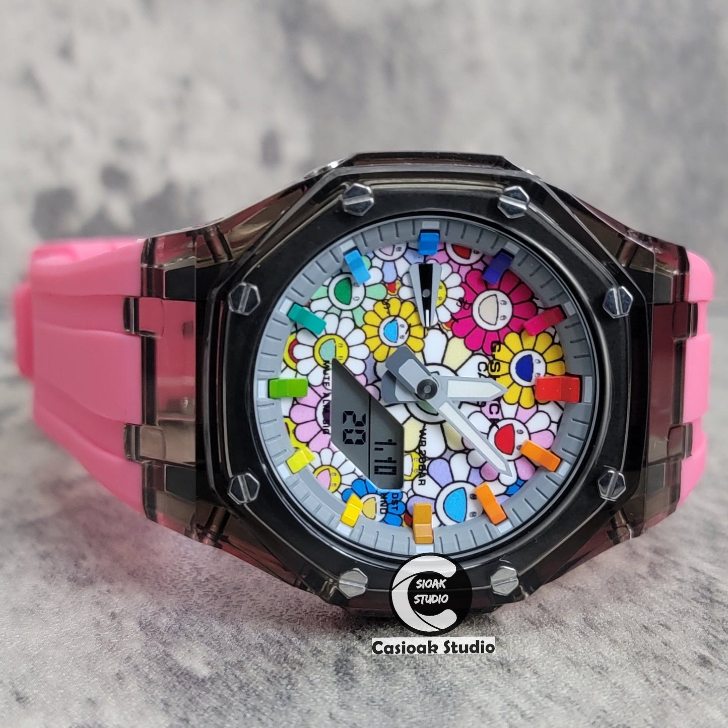 Casioak Mod Black Transparent Case Pink Strap Gray Rainbow Time Mark Takashi Murakami Dial 44mm- Casioak Mod Casio G-Shock Royal Oak Custom Mens Luxury Watches Ga2100