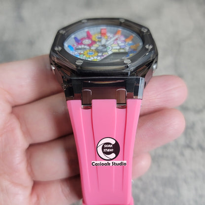 Casioak Mod Black Transparent Case Pink Strap Gray Rainbow Time Mark Takashi Murakami Dial 44mm- Casioak Mod Casio G-Shock Royal Oak Custom Mens Luxury Watches Ga2100