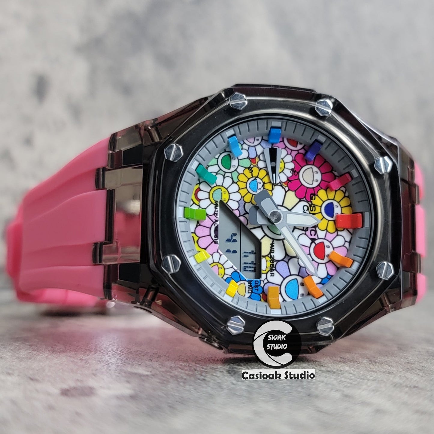 Casioak Mod Black Transparent Case Pink Strap Gray Rainbow Time Mark Takashi Murakami Dial 44mm- Casioak Mod Casio G-Shock Royal Oak Custom Mens Luxury Watches Ga2100