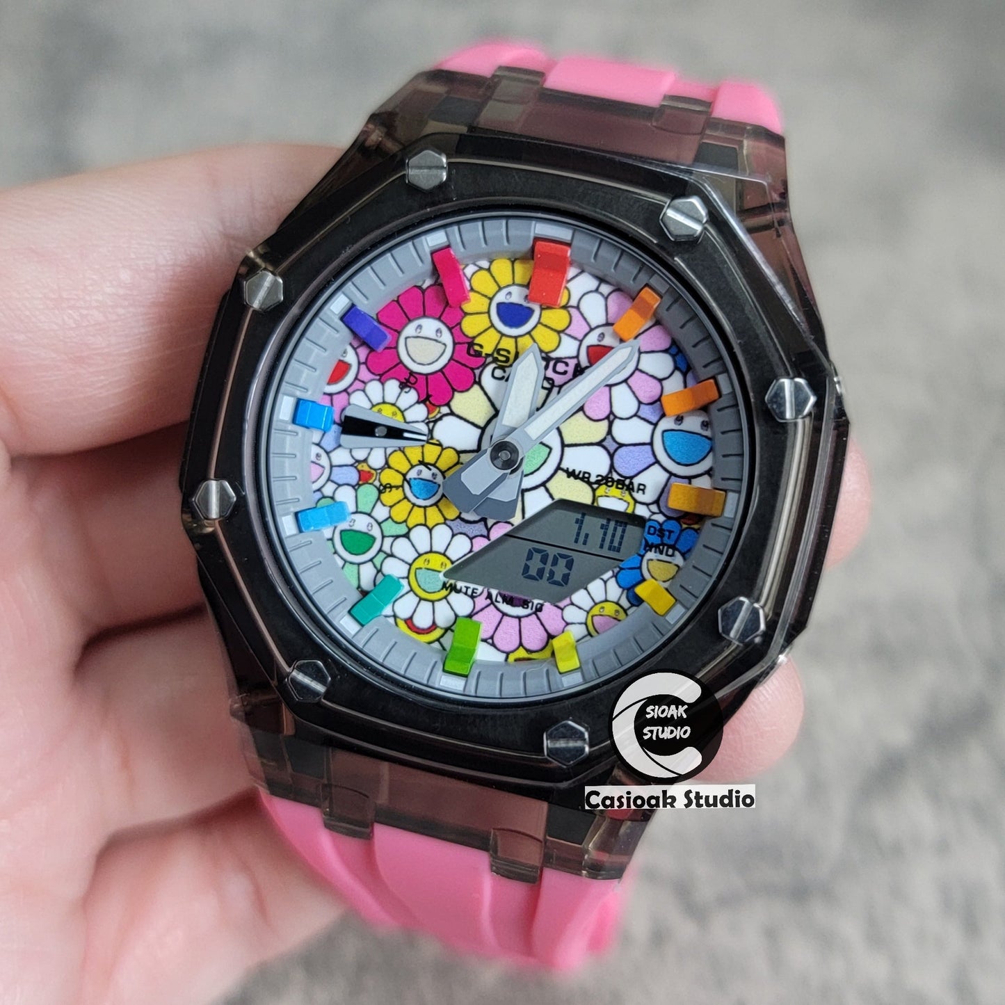 Casioak Mod Black Transparent Case Pink Strap Gray Rainbow Time Mark Takashi Murakami Dial 44mm- Casioak Mod Casio G-Shock Royal Oak Custom Mens Luxury Watches Ga2100