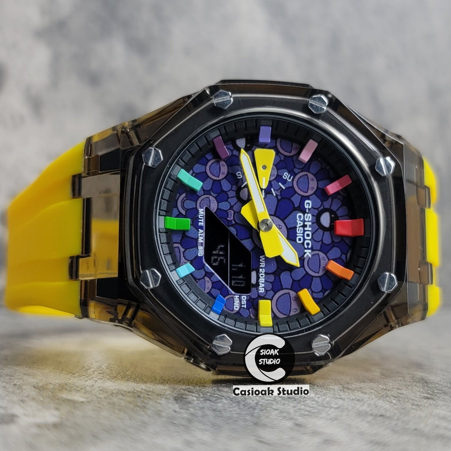 Casioak Mod Black Transparent Case Yellow Strap Black Rainbow Time Mark Purple Takashi Murakami Dial 44mm- Casioak Mod Casio G-Shock Royal Oak Custom Mens Luxury Watches Ga2100