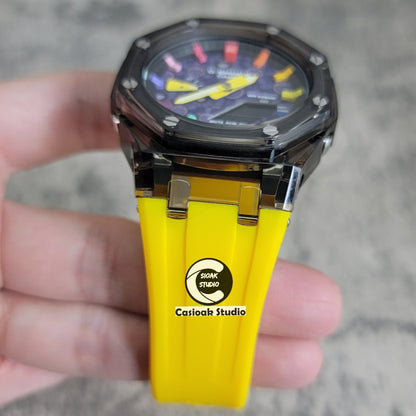 Casioak Mod Black Transparent Case Yellow Strap Black Rainbow Time Mark Purple Takashi Murakami Dial 44mm- Casioak Mod Casio G-Shock Royal Oak Custom Mens Luxury Watches Ga2100