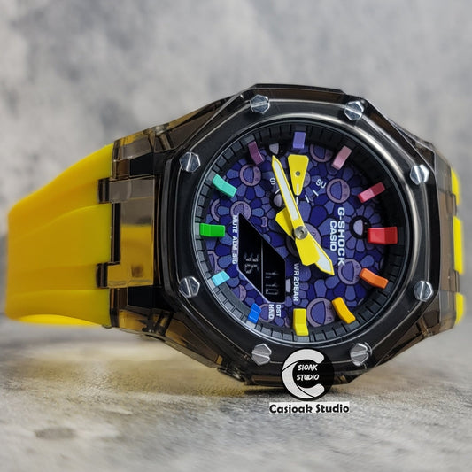 Casioak Mod Black Transparent Case Yellow Strap Black Rainbow Time Mark Purple Takashi Murakami Dial 44mm- Casioak Mod Casio G-Shock Royal Oak Custom Mens Luxury Watches Ga2100