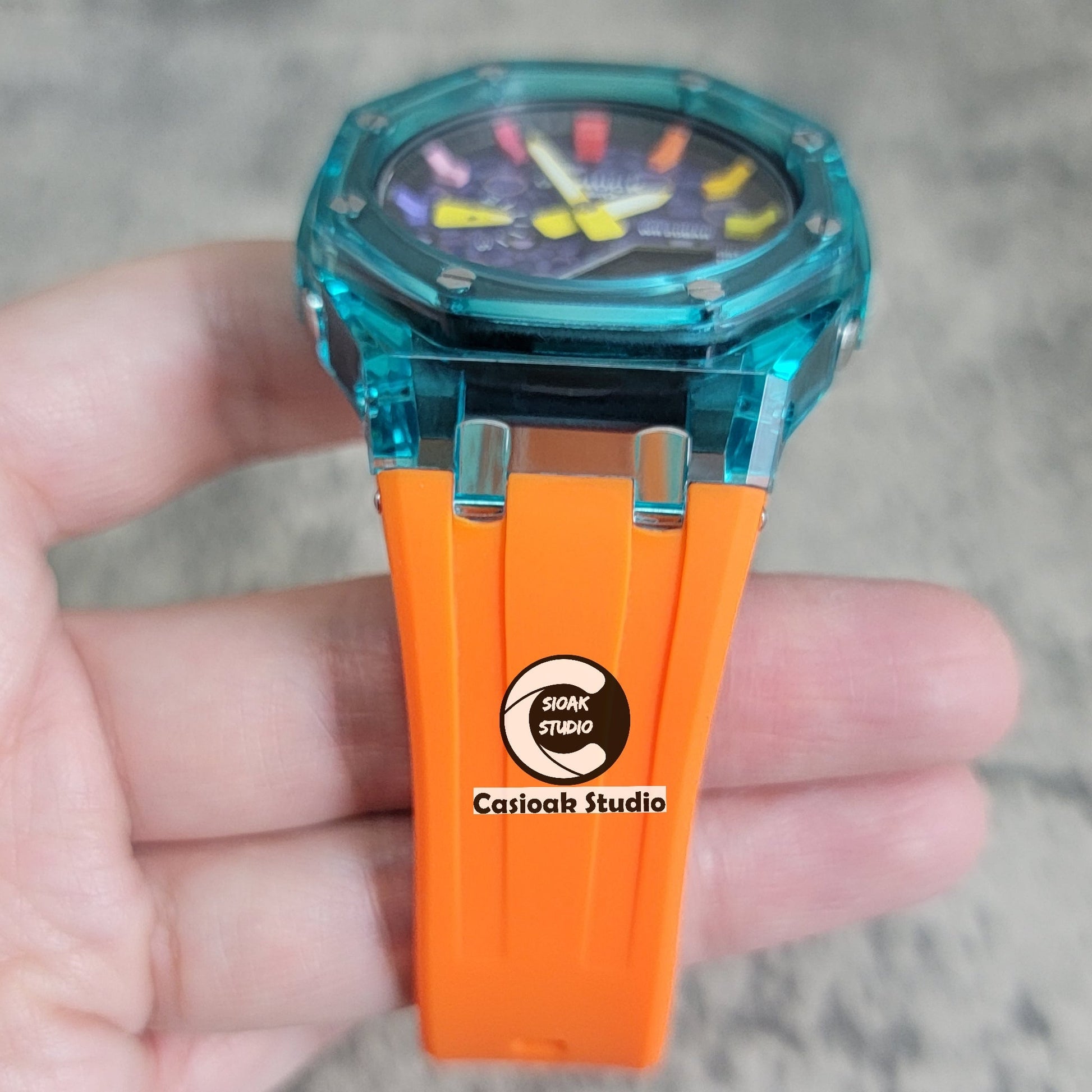 Casioak Mod Blue Transparent Case Orange Strap Black Rainbow Time Mark Purple Takashi Murakami Dial 44mm- Casioak Mod Casio G-Shock Royal Oak Custom Mens Luxury Watches Ga2100