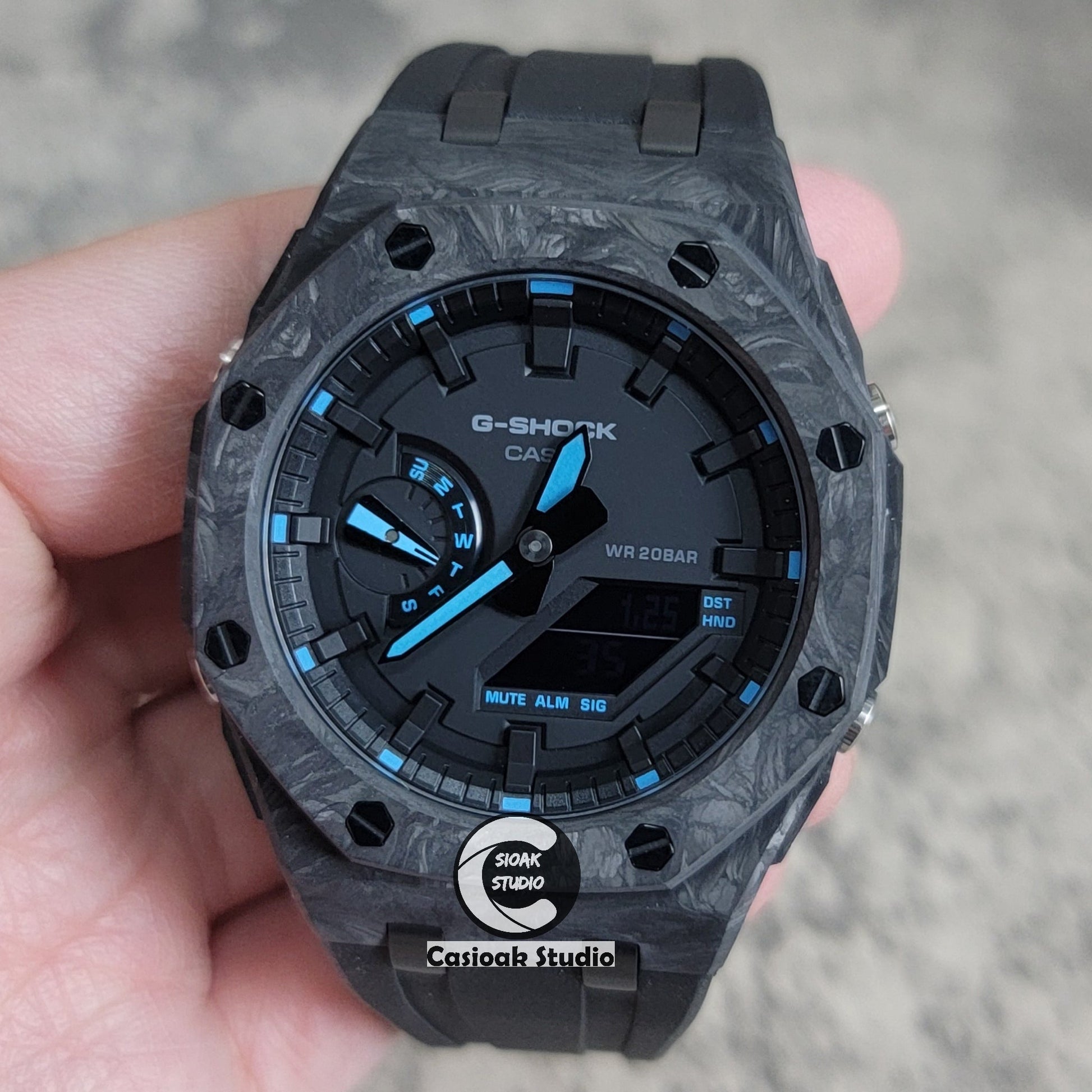 Casioak Mod Carbon Fiber Offshore Superior Black Case Black Strap Black Time Mark Black Dial 44mm- Casioak Mod Casio G-Shock Royal Oak Custom Mens Luxury Watches Ga2100