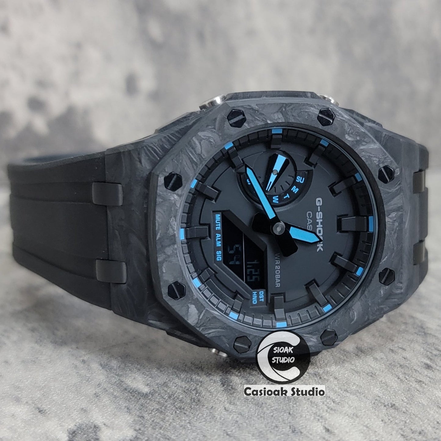 Casioak Mod Carbon Fiber Offshore Superior Black Case Black Strap Black Time Mark Black Dial 44mm- Casioak Mod Casio G-Shock Royal Oak Custom Mens Luxury Watches Ga2100