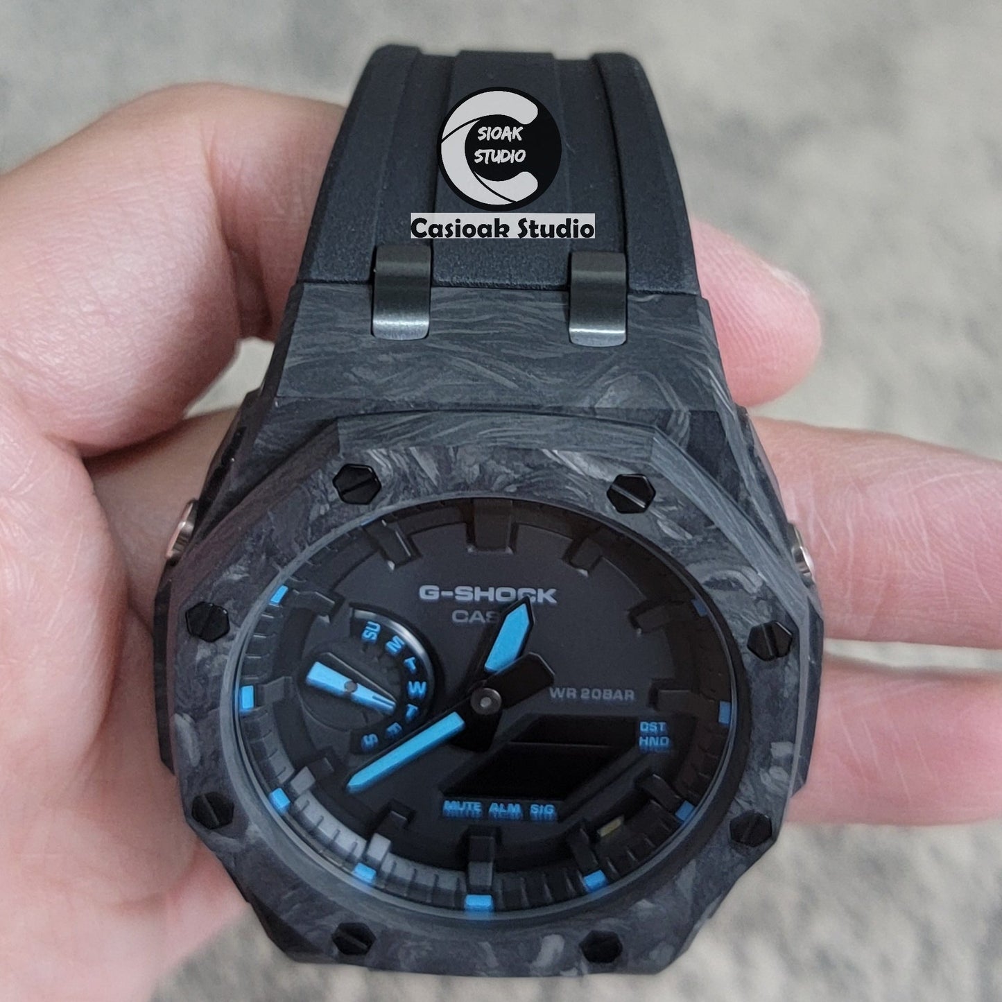 Casioak Mod Carbon Fiber Offshore Superior Black Case Black Strap Black Time Mark Black Dial 44mm- Casioak Mod Casio G-Shock Royal Oak Custom Mens Luxury Watches Ga2100