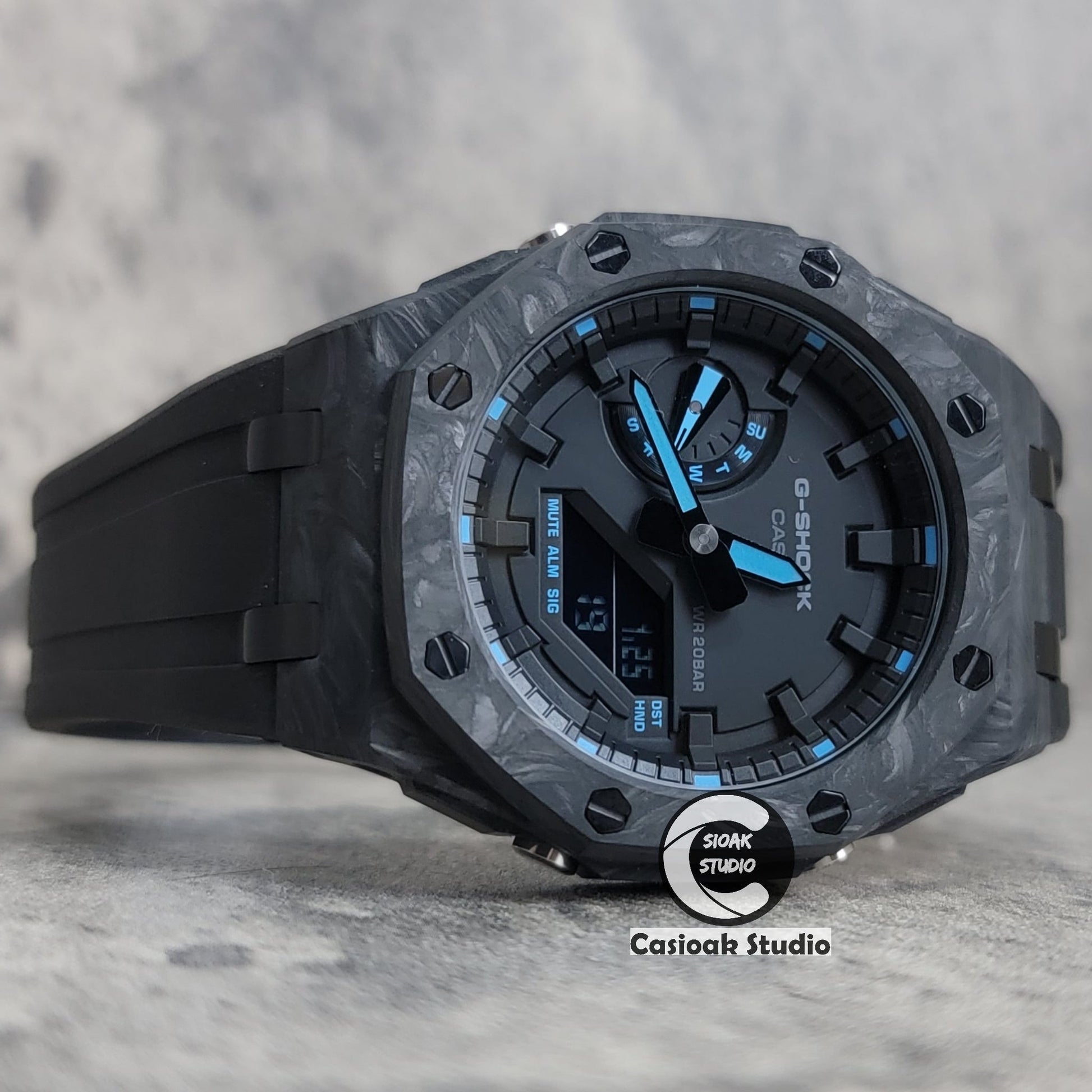 Casioak Mod Carbon Fiber Offshore Superior Black Case Black Strap Black Time Mark Black Dial 44mm- Casioak Mod Casio G-Shock Royal Oak Custom Mens Luxury Watches Ga2100