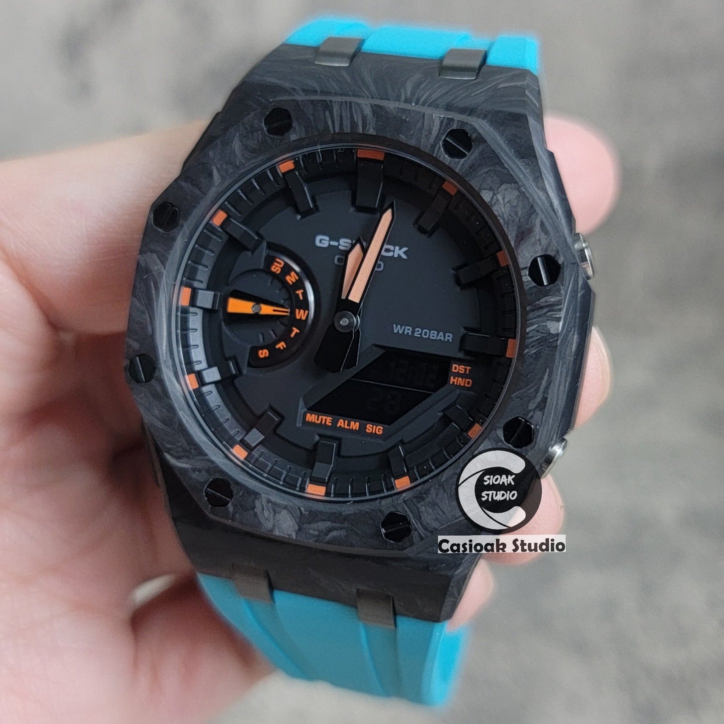 Casioak Mod Carbon Fiber Offshore Superior Black Case Tiff Blue Strap Black Time Mark Black Dial 44mm Orange Style- Casioak Mod Casio G-Shock Royal Oak Custom Mens Luxury Watches Ga2100