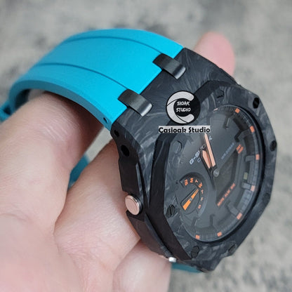 Casioak Mod Carbon Fiber Offshore Superior Black Case Tiff Blue Strap Black Time Mark Black Dial 44mm Orange Style- Casioak Mod Casio G-Shock Royal Oak Custom Mens Luxury Watches Ga2100