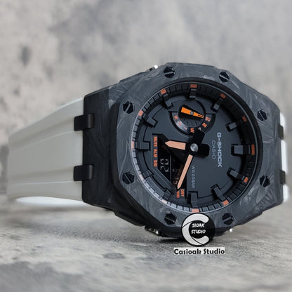 Casioak Mod Carbon Fiber Offshore Superior Black Case White Strap Black Time Mark Black Dial 44mm Orange Style- Casioak Mod Casio G-Shock Royal Oak Custom Mens Luxury Watches Ga2100