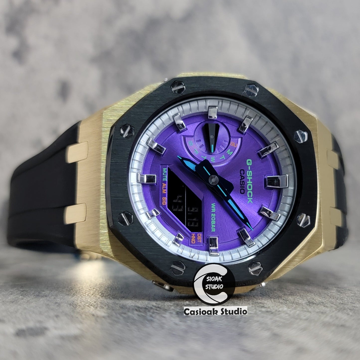 Casioak Mod Gold Black Case Black Rub Silver Time Mark Purple Dial 44mm- Casioak Mod Casio G-Shock Royal Oak Custom Mens Luxury Watches Ga2100