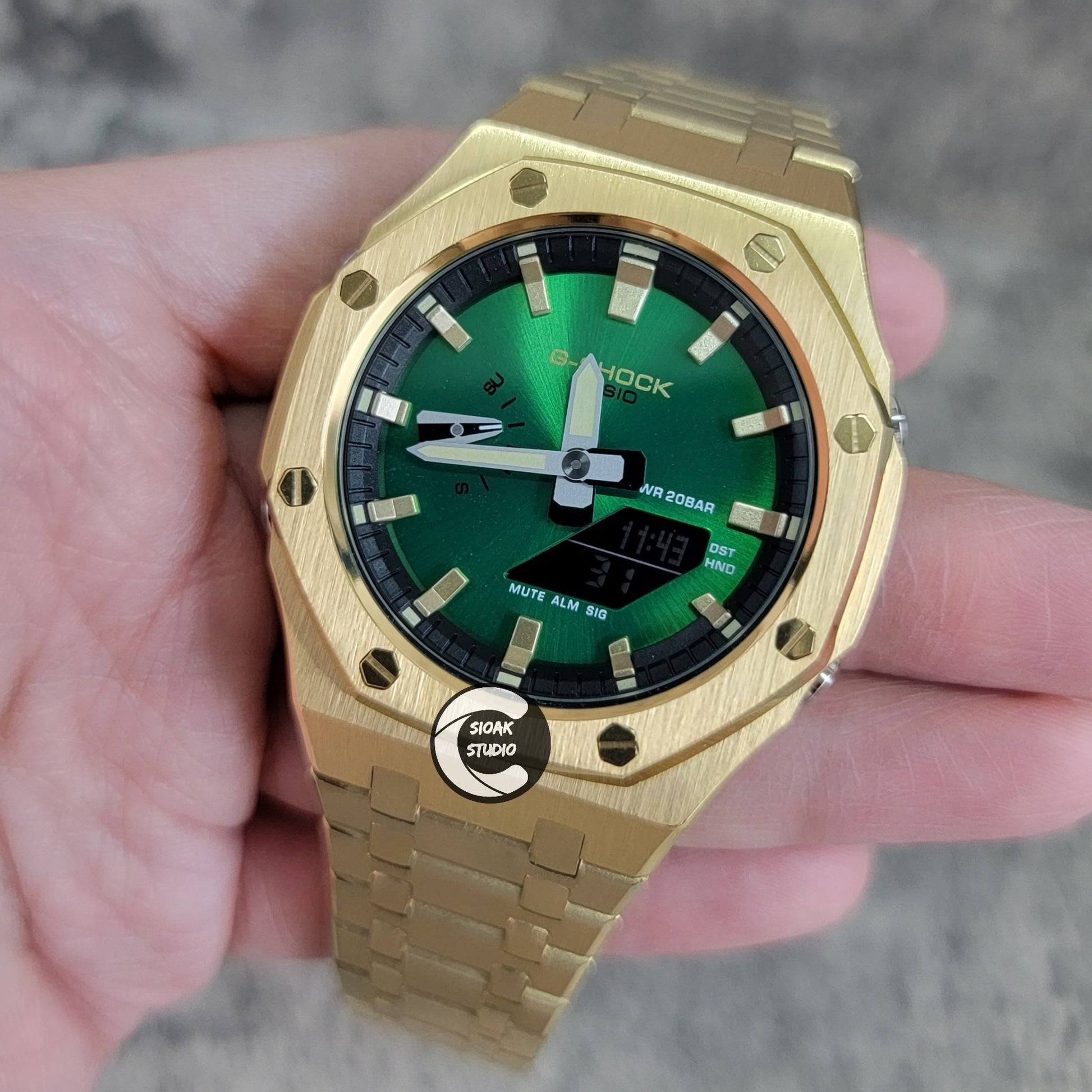 Casioak Mod Gold Case Metal Strap Black Gold Time Mark Green Dial 44mm- Casioak Mod Casio G-Shock Royal Oak Custom Mens Luxury Watches Ga2100