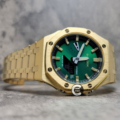 Casioak Mod Gold Case Metal Strap Black Gold Time Mark Green Dial 44mm- Casioak Mod Casio G-Shock Royal Oak Custom Mens Luxury Watches Ga2100