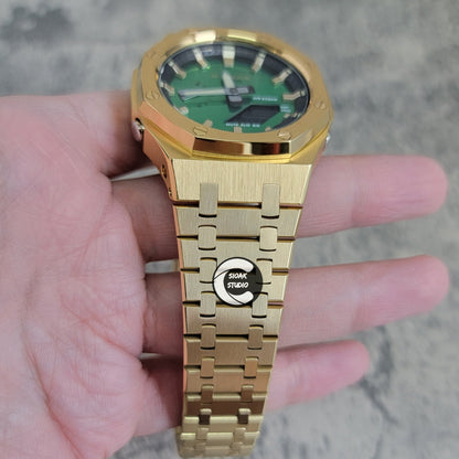 Casioak Mod Gold Case Metal Strap Black Gold Time Mark Green Dial 44mm- Casioak Mod Casio G-Shock Royal Oak Custom Mens Luxury Watches Ga2100