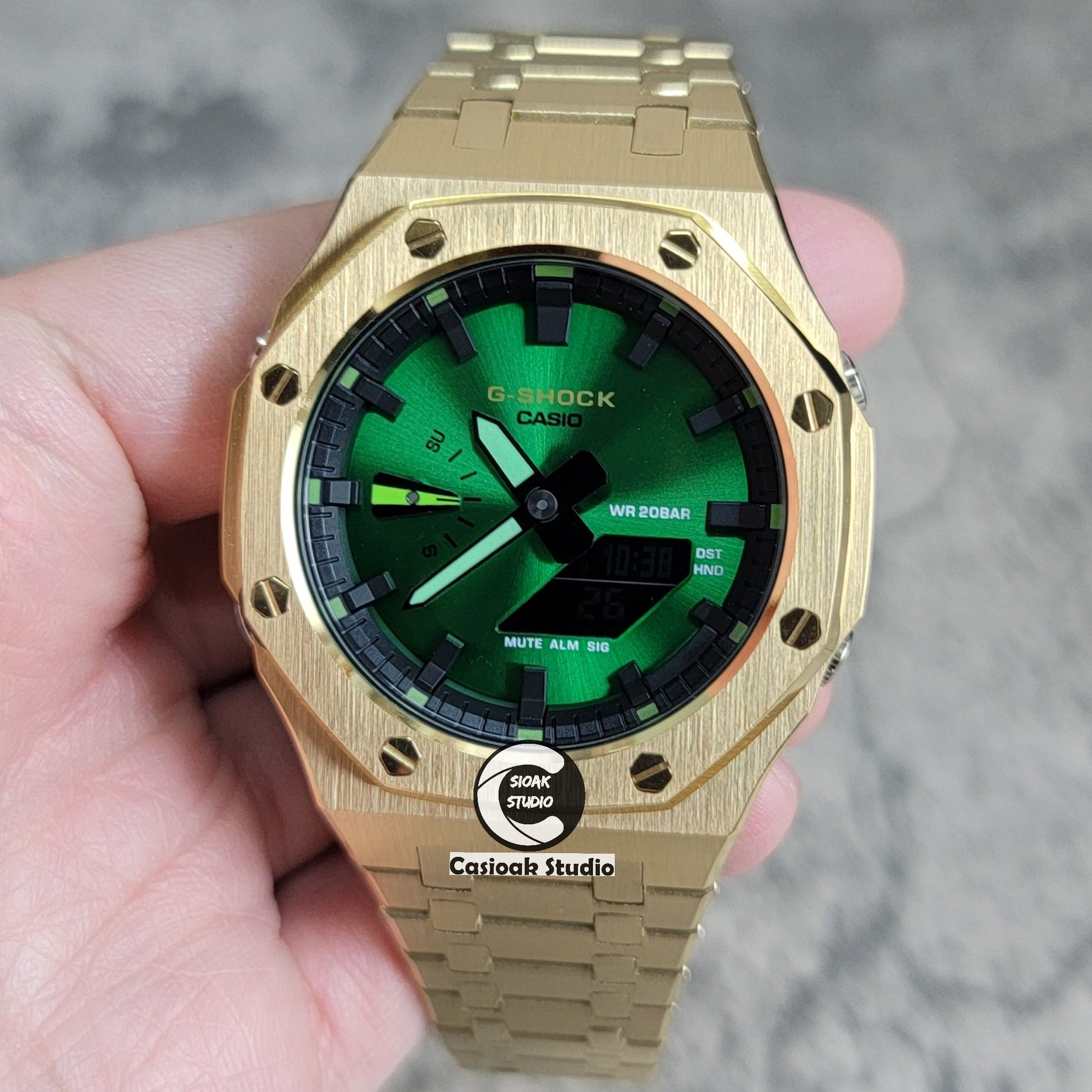 Casioak Mod Gold Case Metal Strap Black Time Mark Green Dial 44mm- Casioak Mod Casio G-Shock Royal Oak Custom Mens Luxury Watches Ga2100