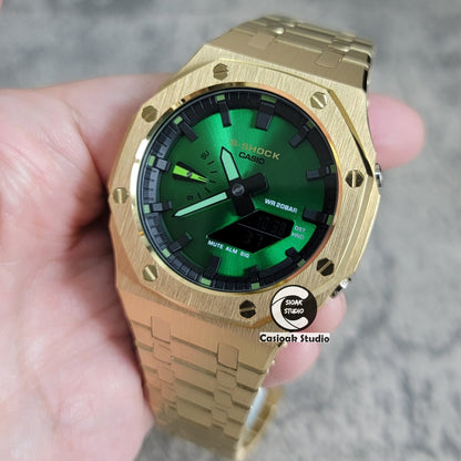 Casioak Mod Gold Case Metal Strap Black Time Mark Green Dial 44mm- Casioak Mod Casio G-Shock Royal Oak Custom Mens Luxury Watches Ga2100