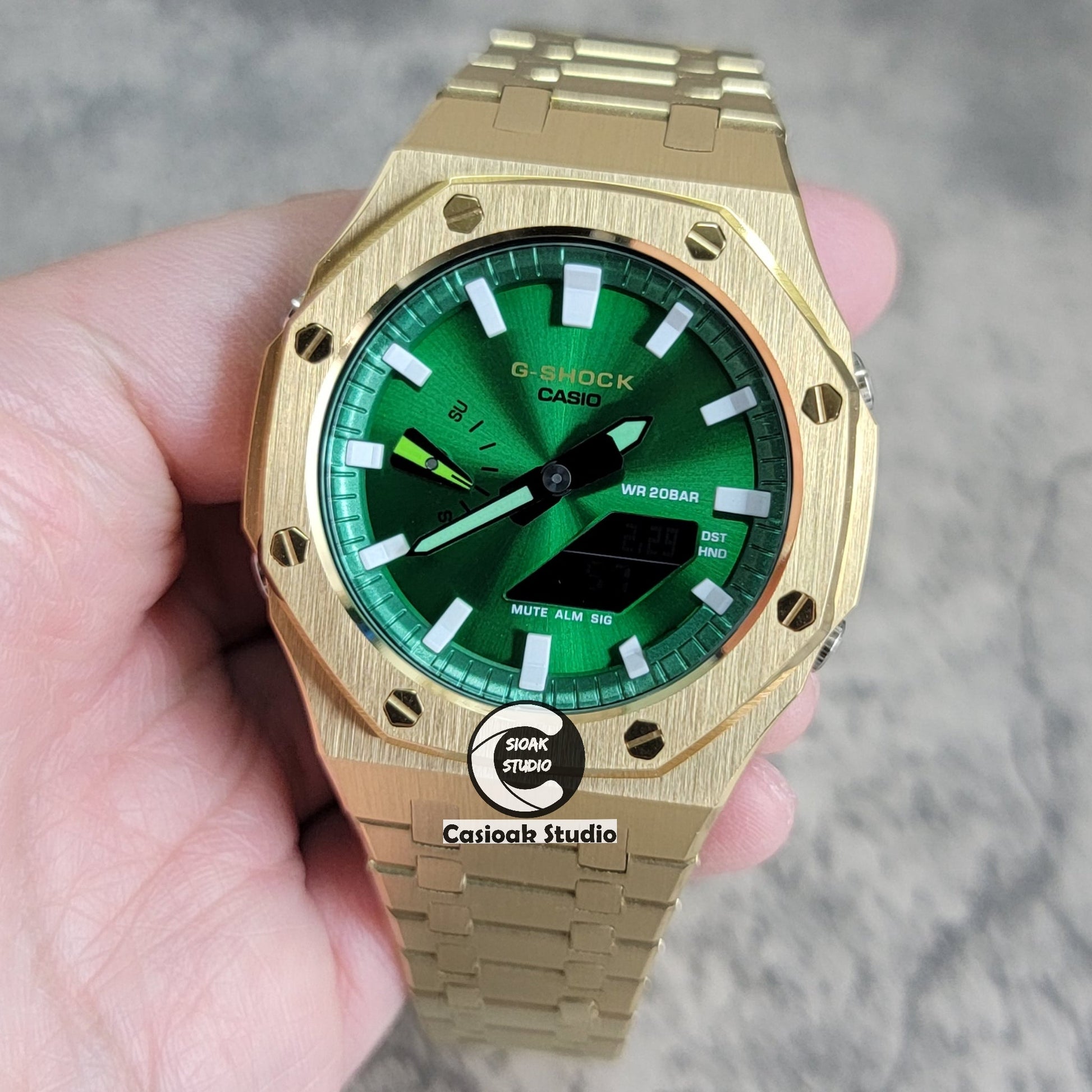 Casioak Mod Gold Case Metal Strap Green White Time Mark Green Dial 44mm- Casioak Mod Casio G-Shock Royal Oak Custom Mens Luxury Watches Ga2100