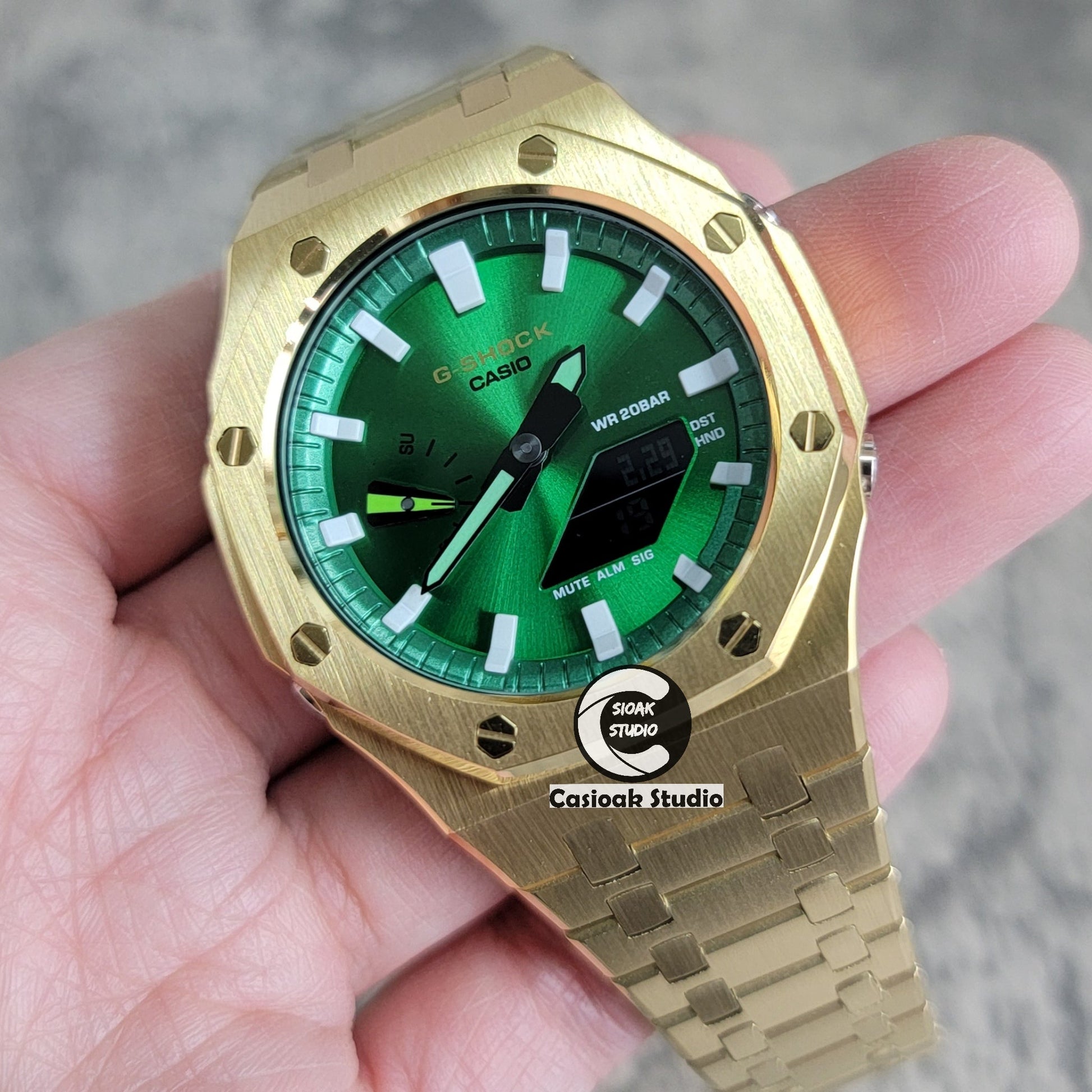 Casioak Mod Gold Case Metal Strap Green White Time Mark Green Dial 44mm- Casioak Mod Casio G-Shock Royal Oak Custom Mens Luxury Watches Ga2100