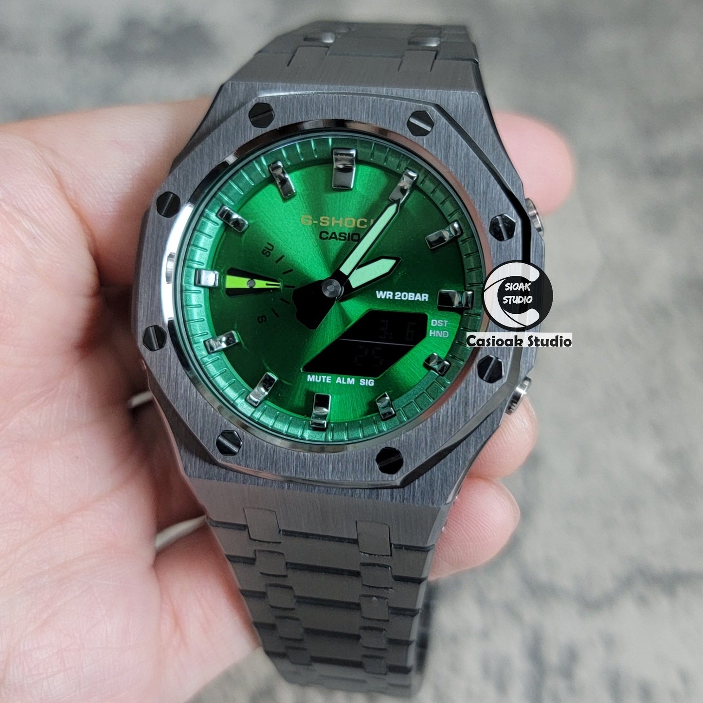 Casioak Mod Gray Case Metal Strap Green Gray Time Mark Green Dial 44mm- Casioak Mod Casio G-Shock Royal Oak Custom Mens Luxury Watches Ga2100