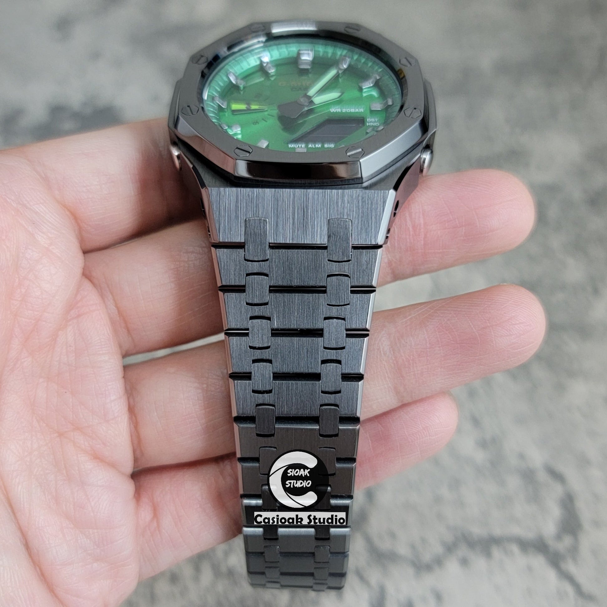 Casioak Mod Gray Case Metal Strap Green Gray Time Mark Green Dial 44mm- Casioak Mod Casio G-Shock Royal Oak Custom Mens Luxury Watches Ga2100