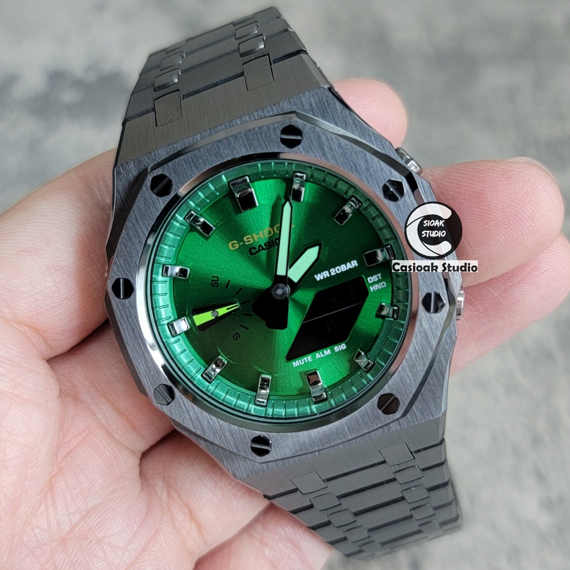 Casioak Mod Gray Case Metal Strap Green Gray Time Mark Green Dial 44mm- Casioak Mod Casio G-Shock Royal Oak Custom Mens Luxury Watches Ga2100